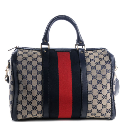 Gucci Monogram Selleria Calfskin Vintage Web Medium Boston Beige Blue 1 of 10