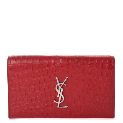 Saint Laurent Calfskin Crocodile Embossed Classic Kate Monogram Clutch Red 1 of 7