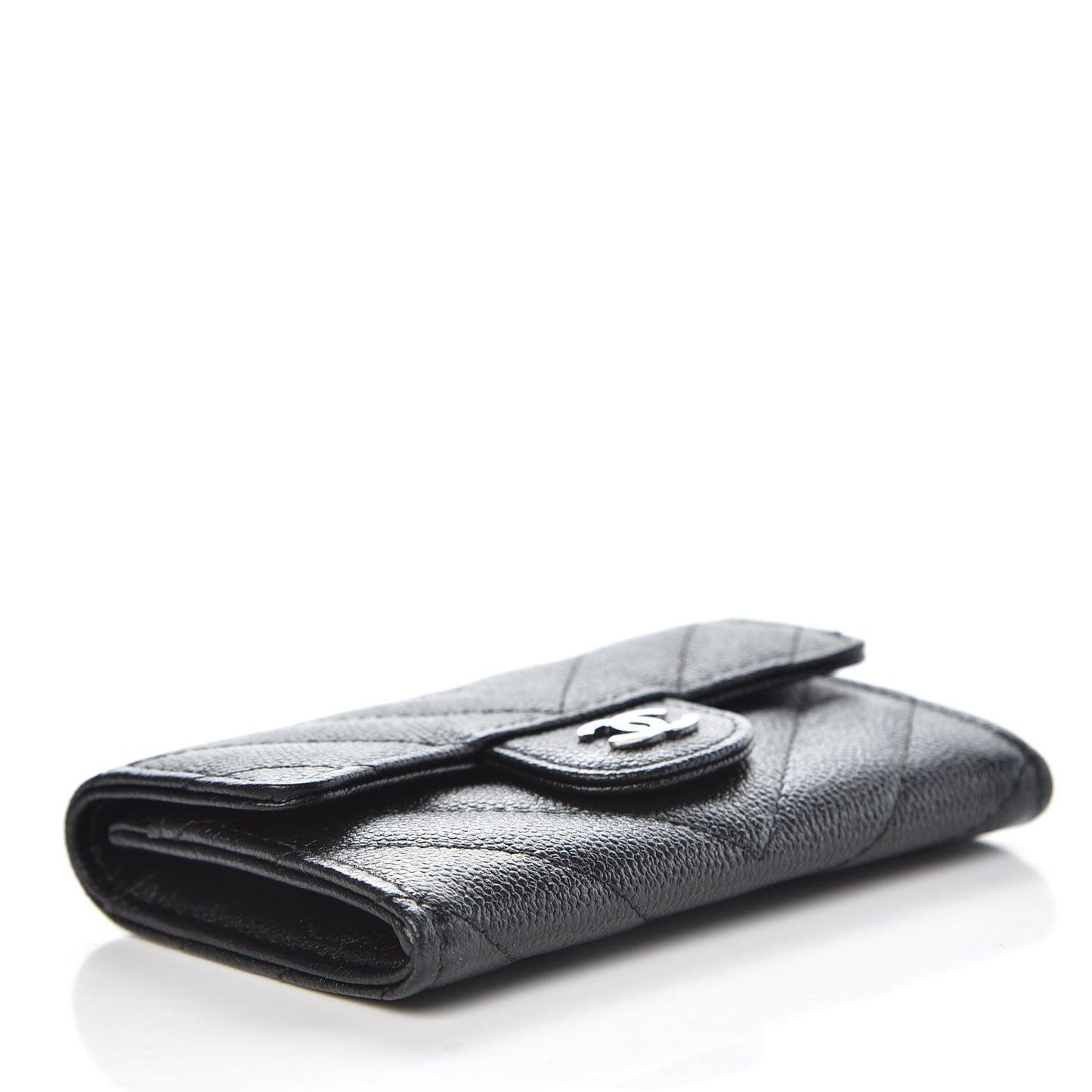 Iridescent Caviar Chevron Quilted Flap Card Holder Black