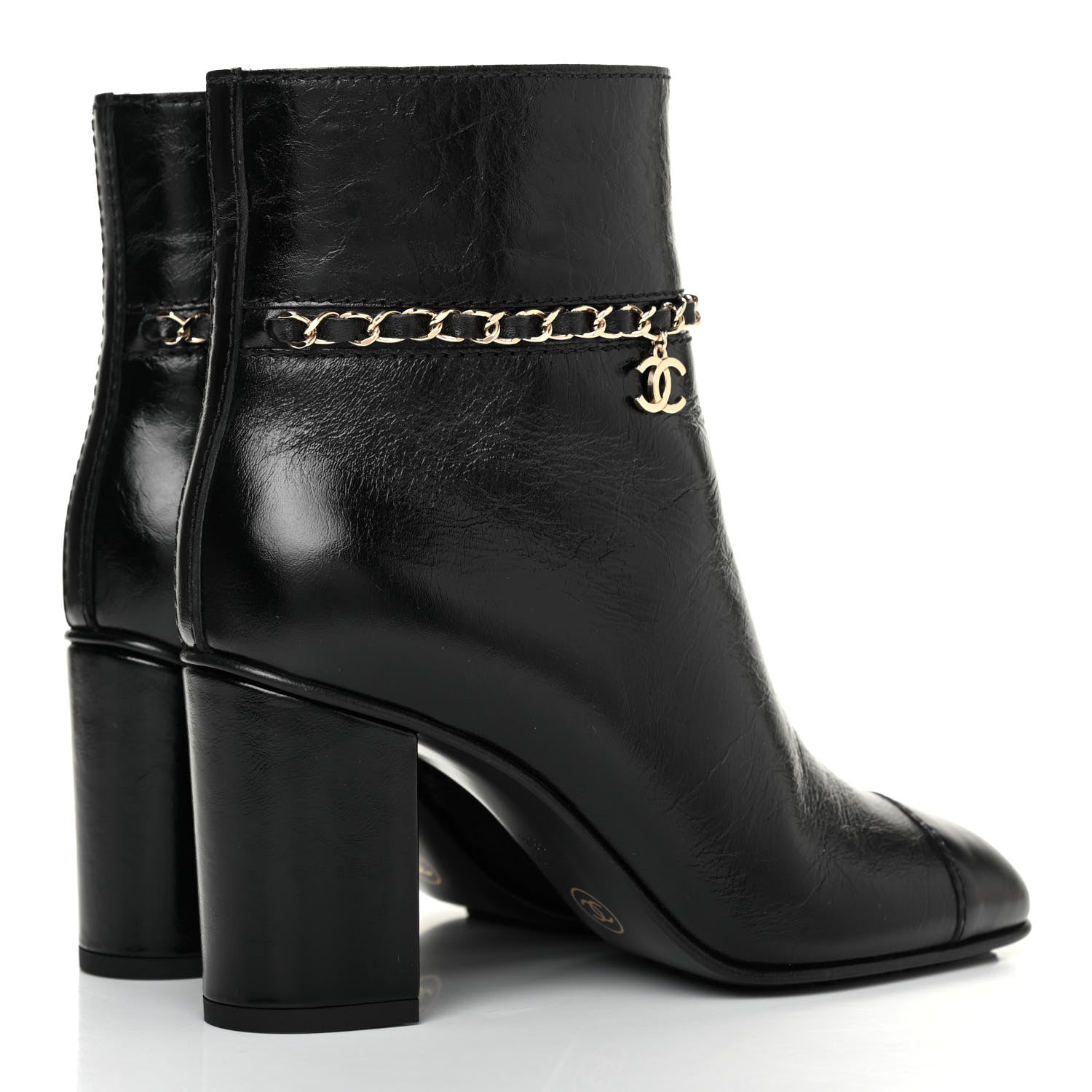 Chanel Crumpled Calfskin Cap Toe Chain Short Boots 36.5 Black 4 of 12