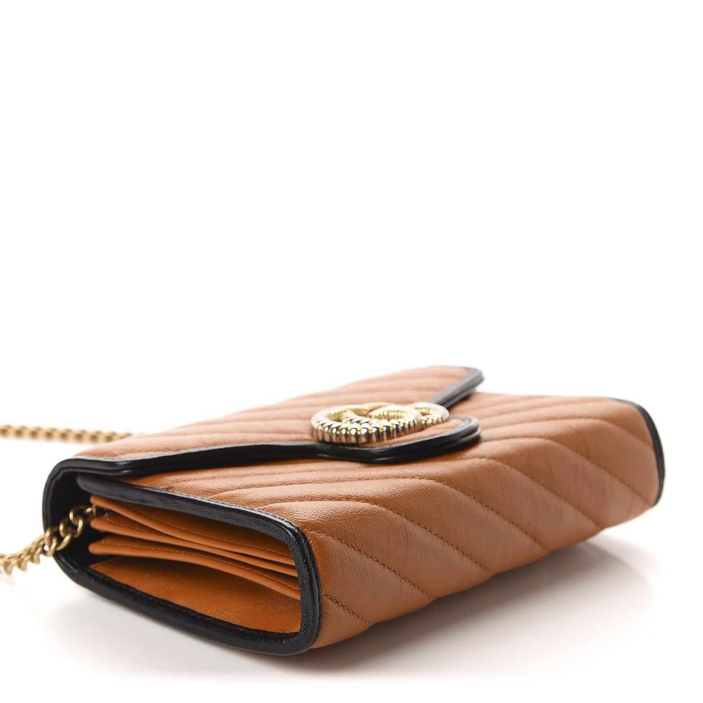 Vintage Effect Calfskin Matelasse Diagonal Torchon GG Marmont Chain Wallet Cognac