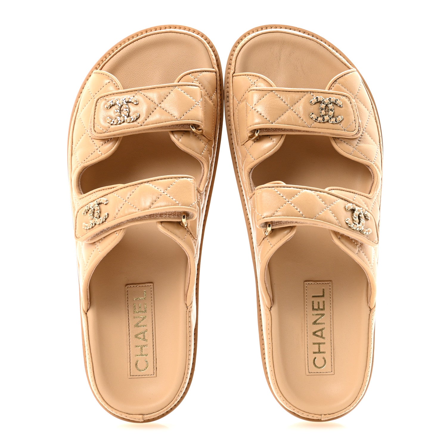 Chanel Lambskin Quilted Velcro Dad Chain CC Slide Sandals 39.5 Beige 2 of 10