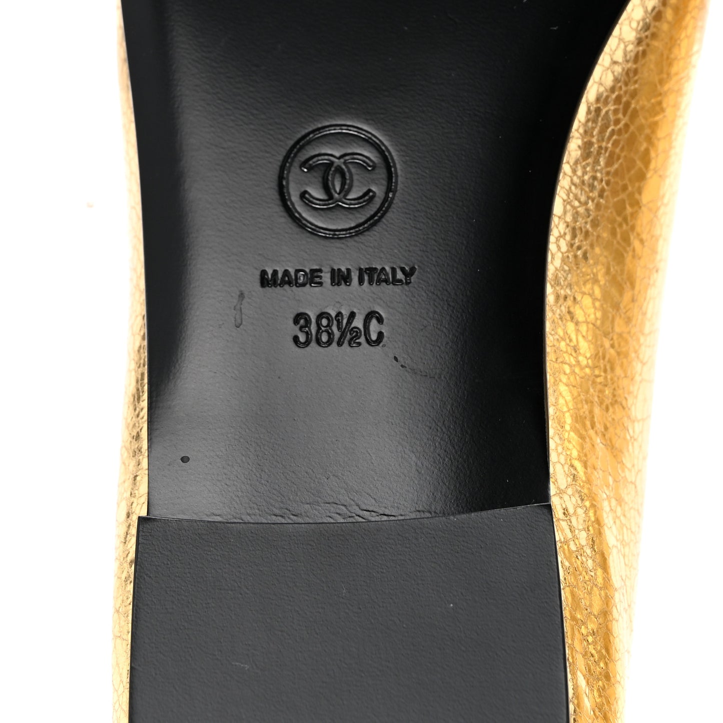 Metallic Crackled Laminated Calfskin CC Cap Toe Ballerina Flats 38.5 Gold Silver