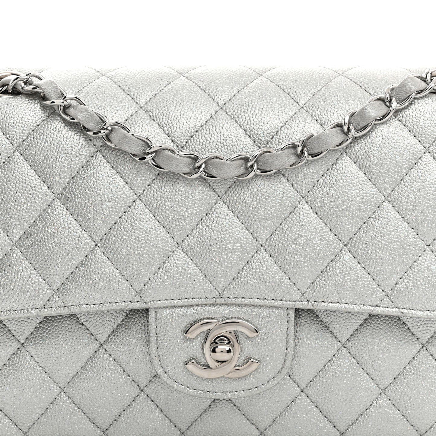 Glittered Metallic Caviar Quilted Medium Double Flap Silver