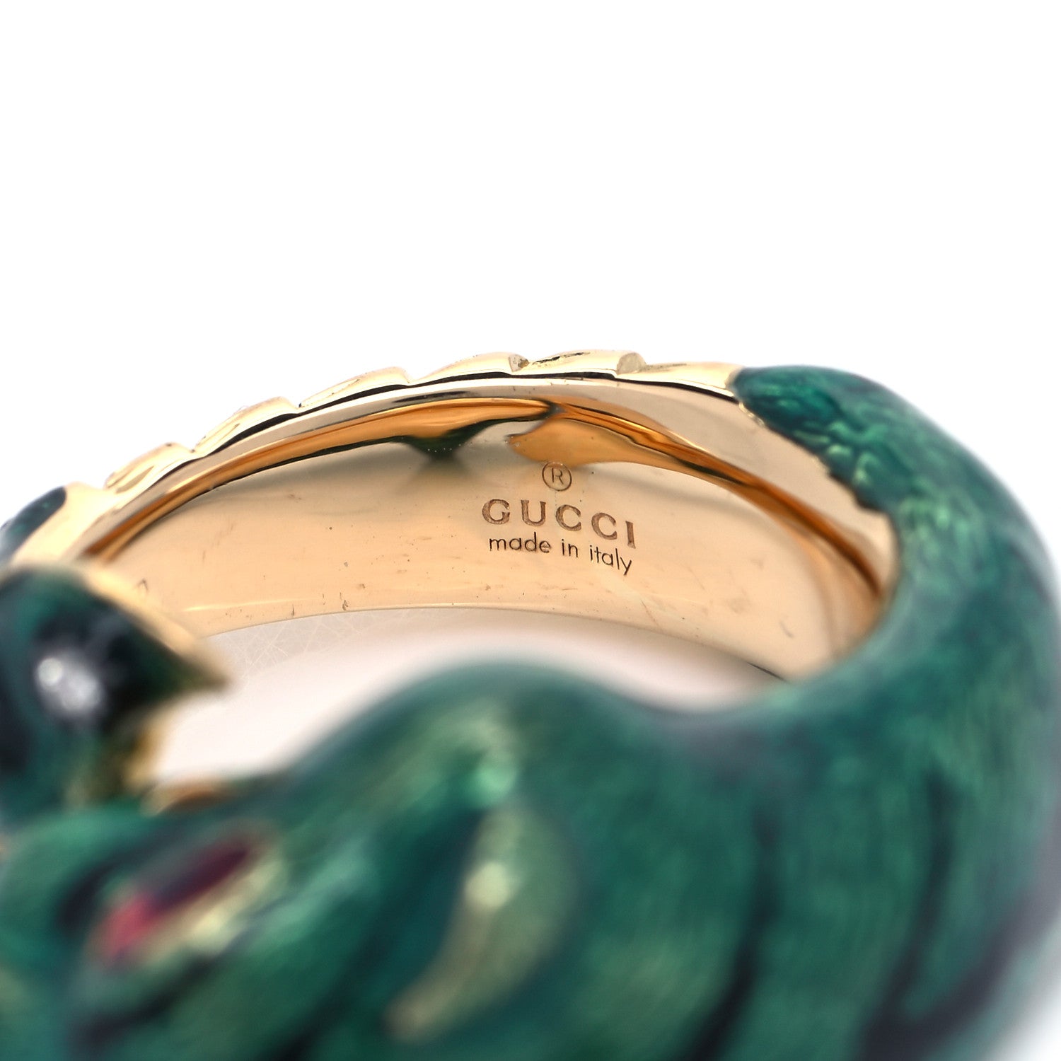 Gucci 18K Yellow Gold Diamond Enamel Le Marche Des Merveilles Tiger Head Ring Green 54 7 6 of 7