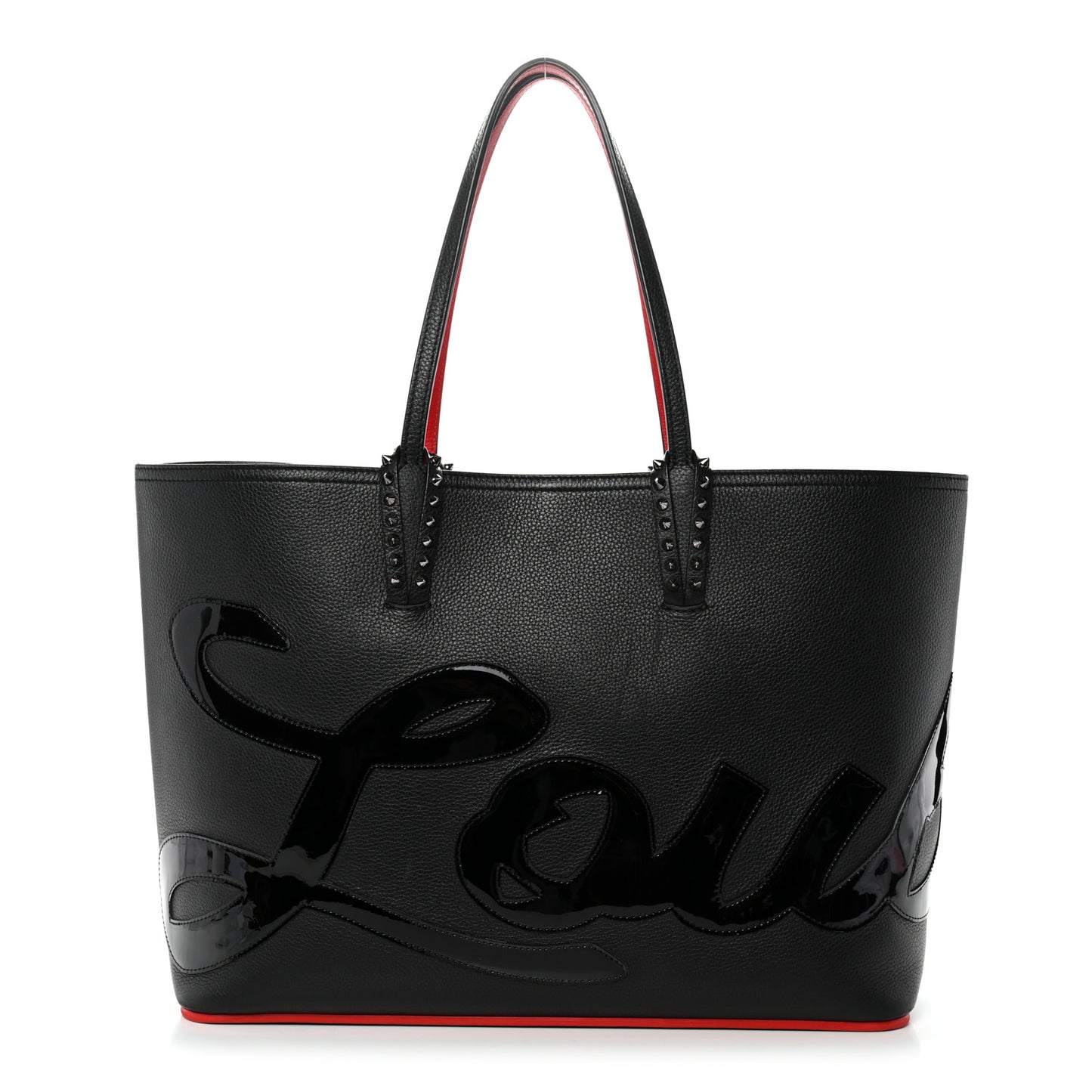 Calfskin Patent Logo Spikes East West Cabata Tote Black
