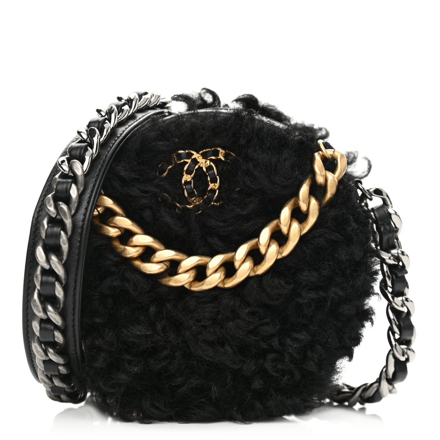 Shearling Sheepskin Chanel 19 Round Clutch With Chain Black