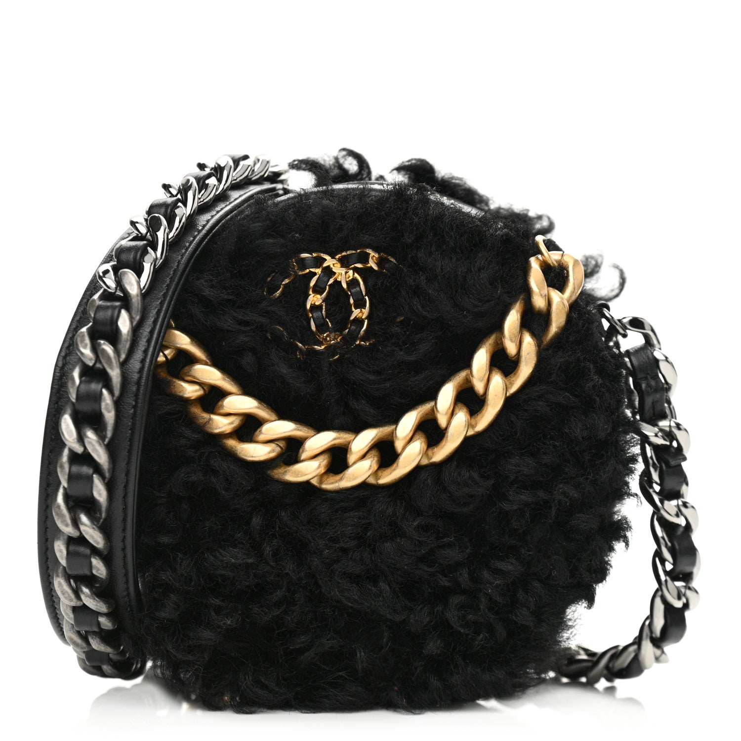 Chanel Shearling Sheepskin Chanel 19 Round Clutch With Chain Black 1 of 11