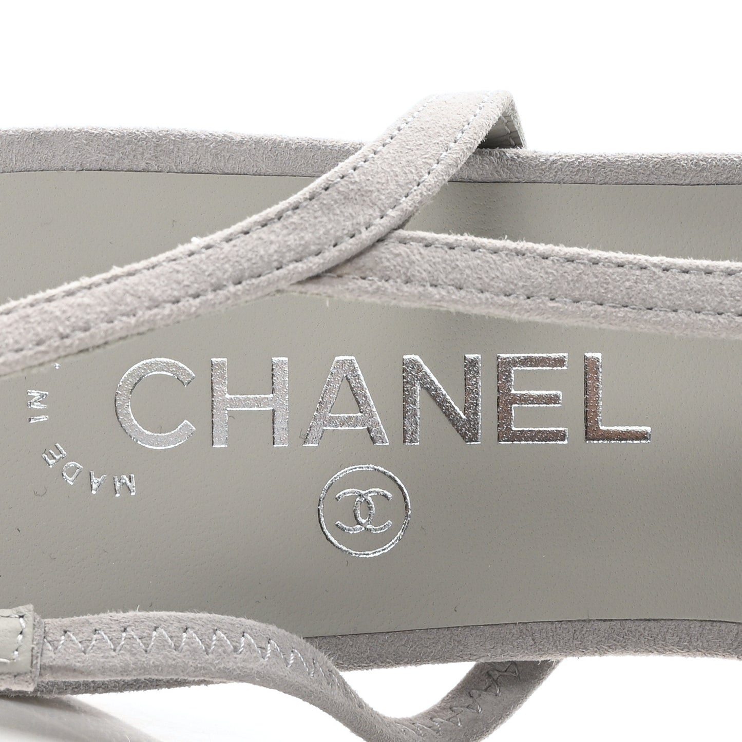 Suede Crystal Grosgrain Cap Toe CC Slingback Flats 40 Gray Silver Black