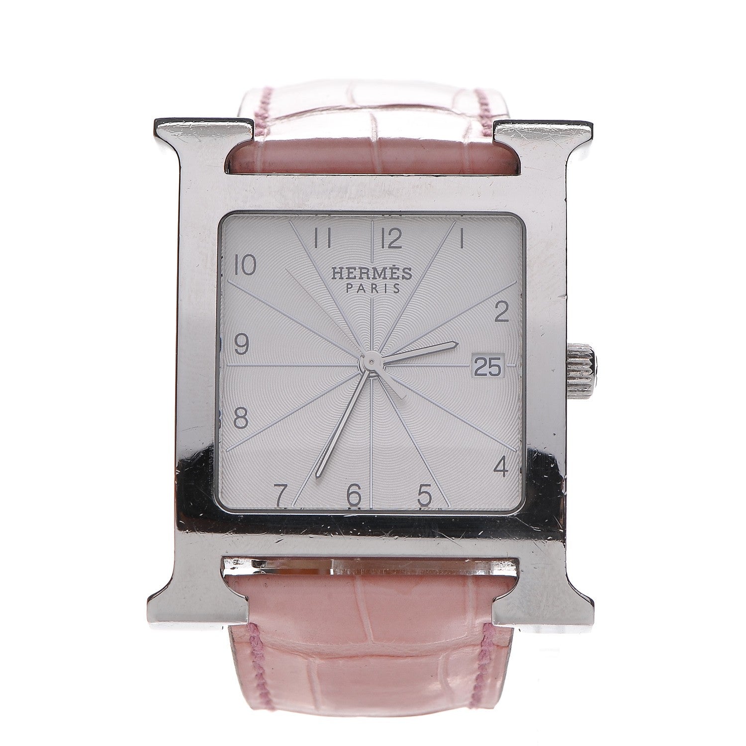 Hermes Stainless Steel Alligator 30.5mm Heure H Hour Quartz Watch Pink 1 of 11