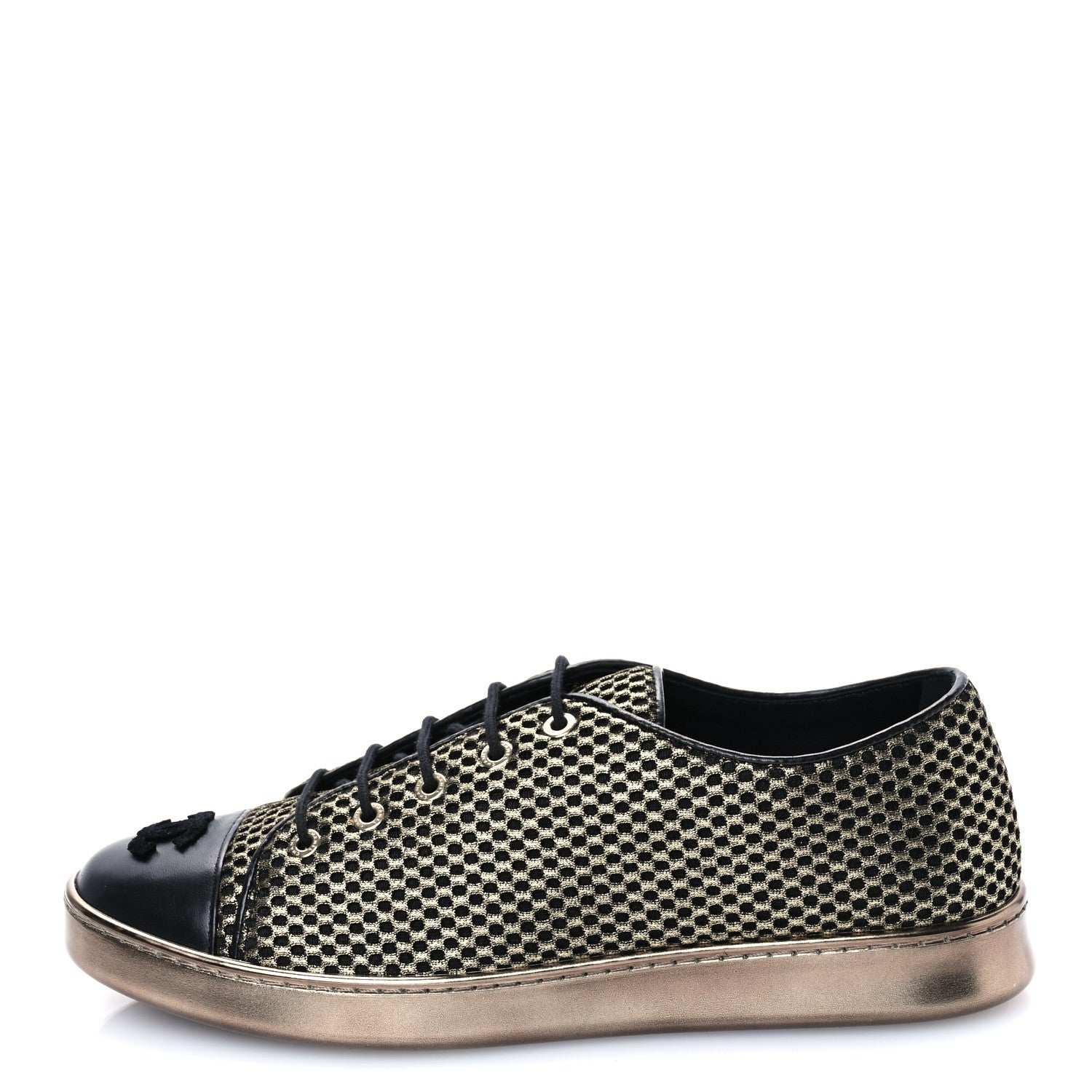 Chanel Fabric Mesh Lambskin Low Top Sneakers 39.5 Gold Black 1 of 9