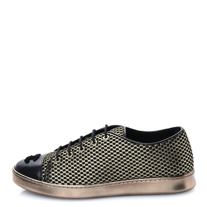 Chanel Fabric Mesh Lambskin Low Top Sneakers 39.5 Gold Black 1 of 9