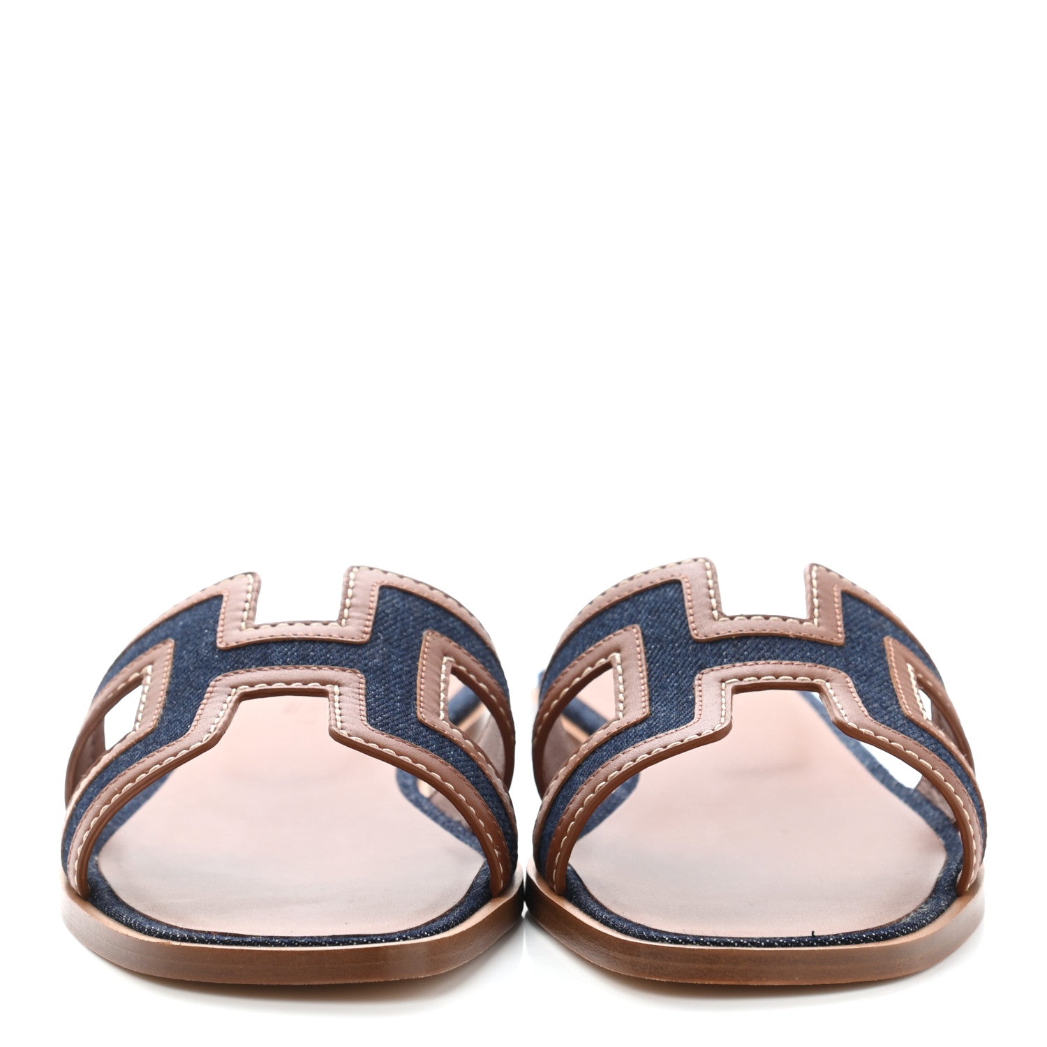 Hermes Calfskin Denim Oran Sandals 37.5 Bleu Brut Gold 2 of 10