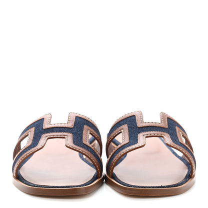 Hermes Calfskin Denim Oran Sandals 37.5 Bleu Brut Gold 2 of 10
