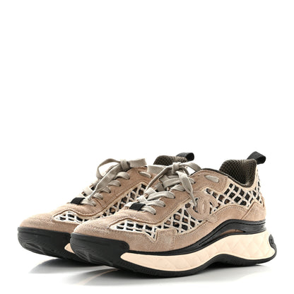 Chanel Suede Calfskin Embroidered CC Sneakers 38.5 Beige Black 3 of 11