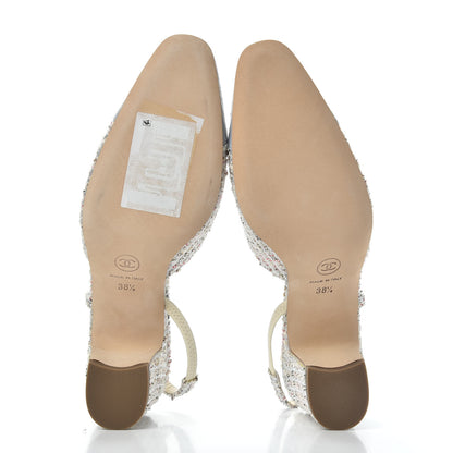 Chanel Tweed Cap Toe CC Slingback Pumps 38.5 Silver Grey 6 of 11