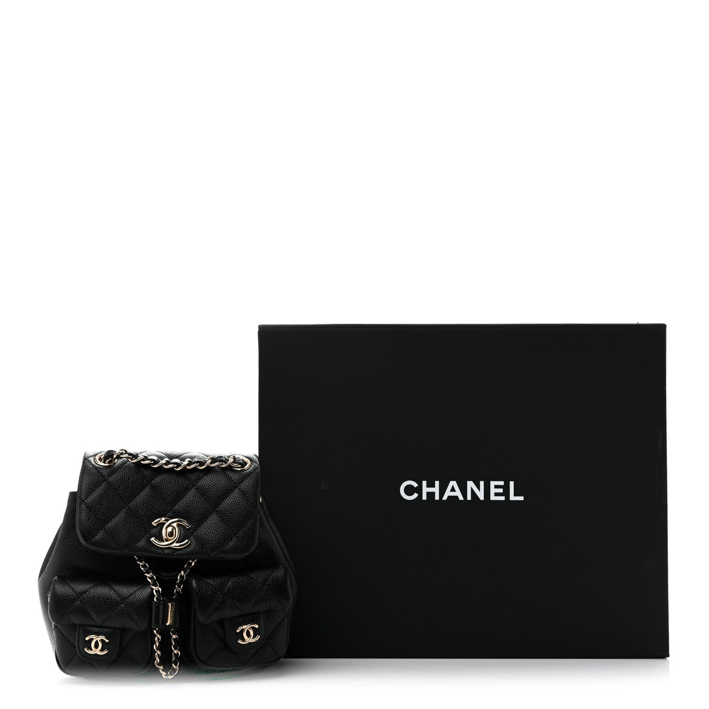 Shiny Caviar Quilted Small Duma Pockets Drawstring Backpack Black