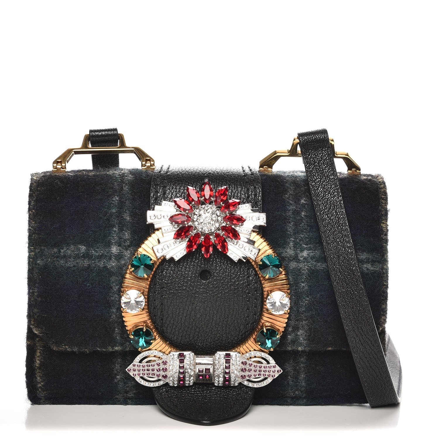 Miu Miu Wool Plaid Crystal Embellished Shoulder Bag Blue 1 of 7