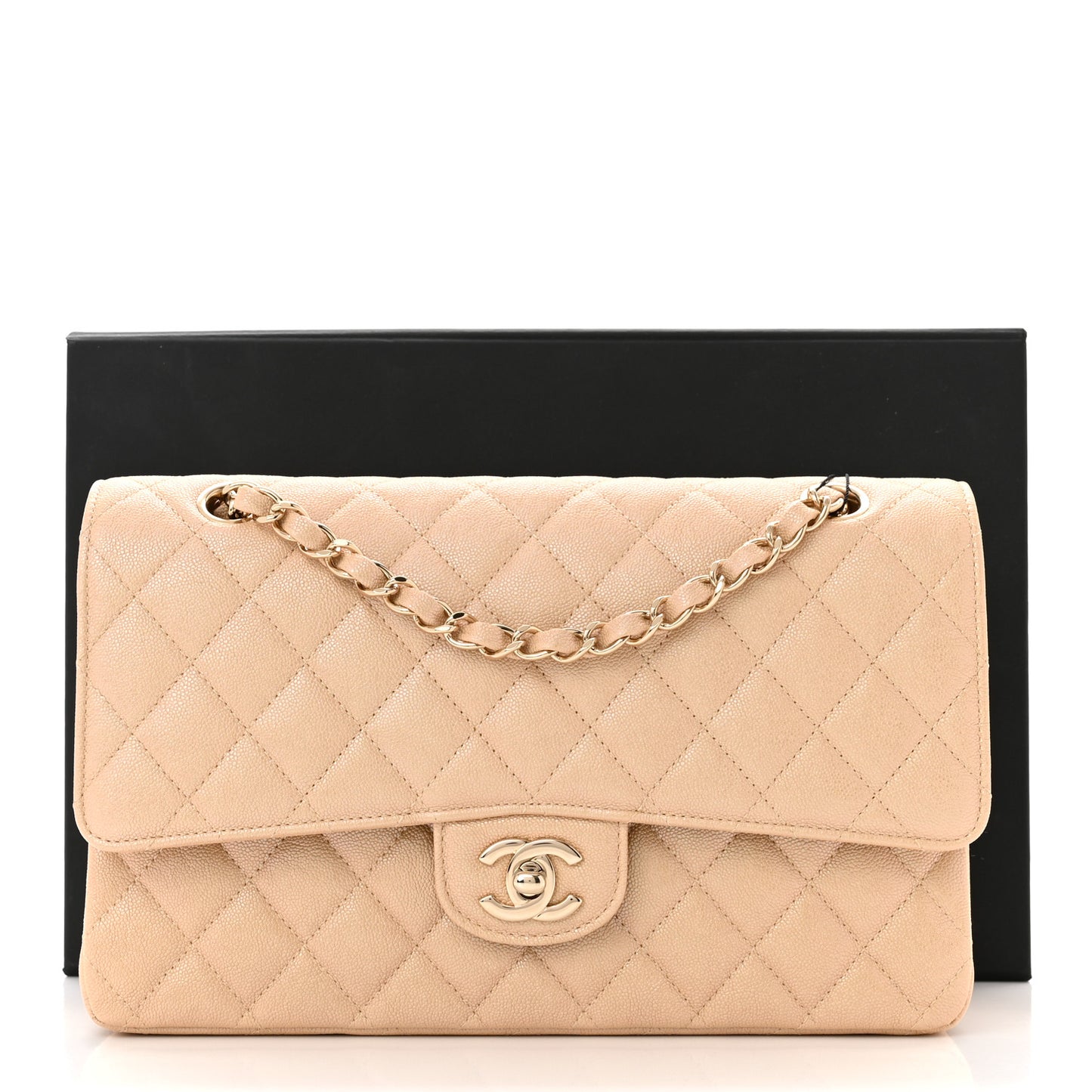Iridescent Caviar Quilted Medium Double Flap Beige