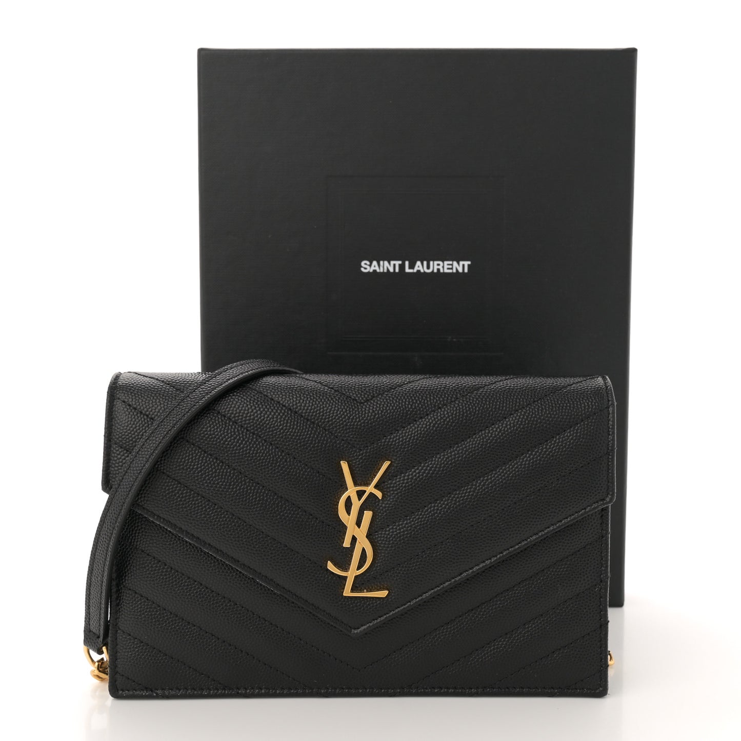 Grain De Poudre Matelasse Chevron Monogram Envelope Chain Wallet Black