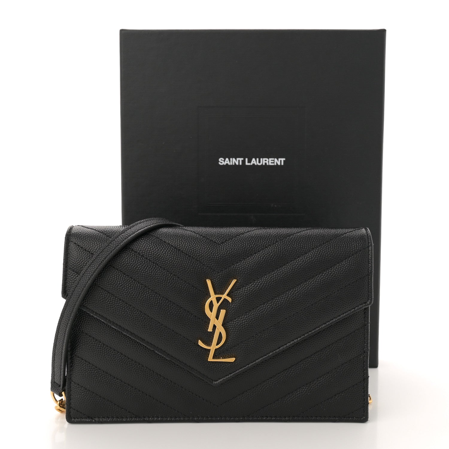 Saint Laurent Grain De Poudre Matelasse Chevron Monogram Envelope Chain Wallet Black 12 of 12