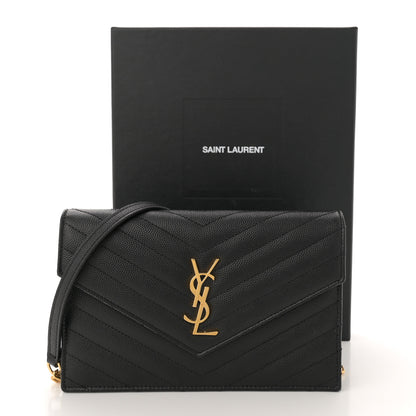 Saint Laurent Grain De Poudre Matelasse Chevron Monogram Envelope Chain Wallet Black 12 of 12