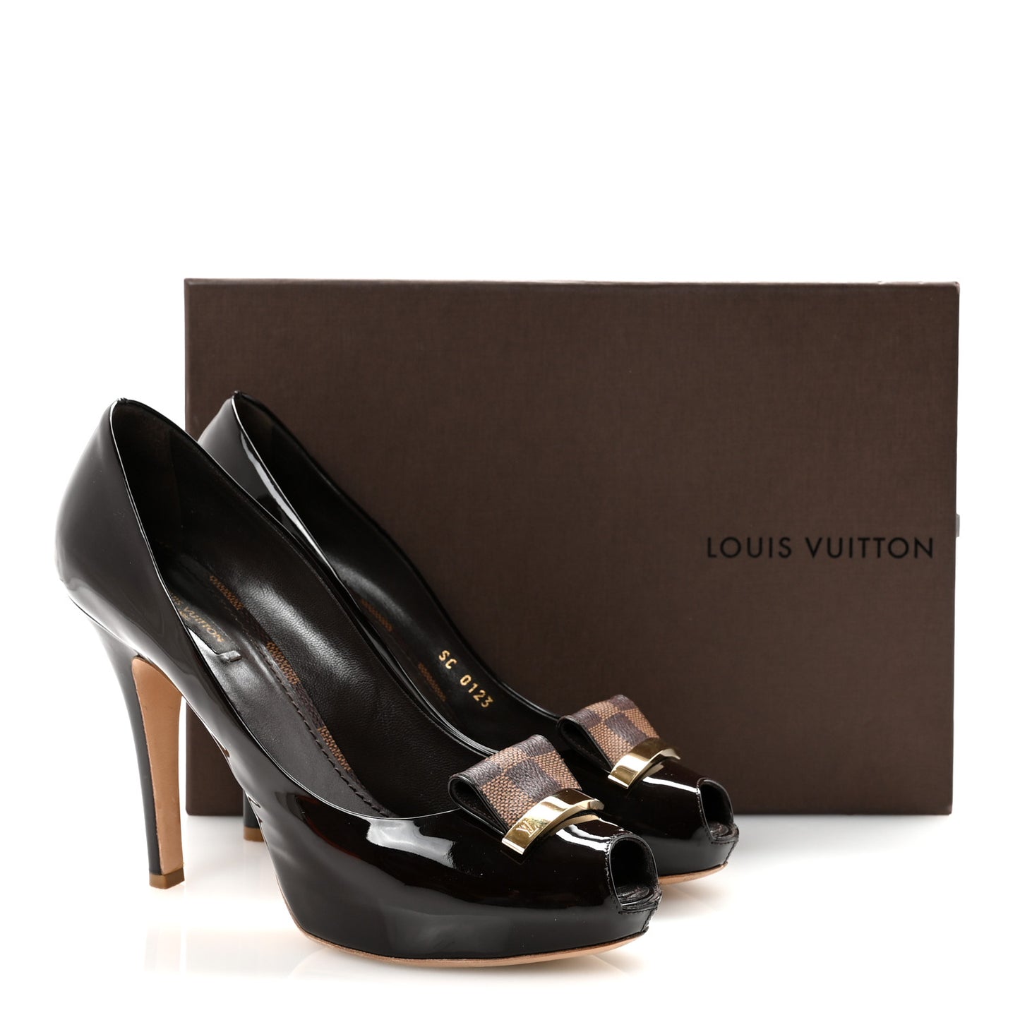 Patent Damier Ebene Peep Toe Pumps 38.5 Brown