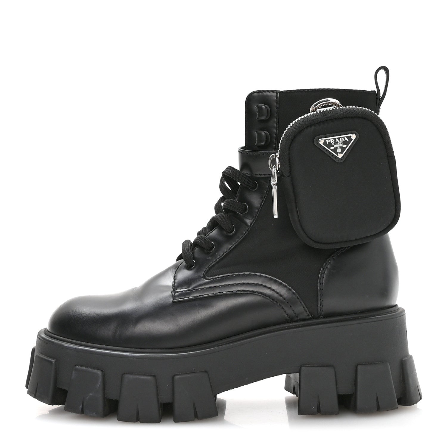 Prada Spazzolato Rois Nylon Metal Triangle Logo Monolith Pouch Pocket 55mm Boots 37 Black 2 of 16