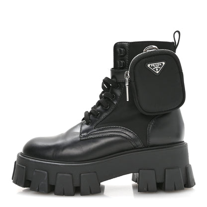 Prada Spazzolato Rois Nylon Metal Triangle Logo Monolith Pouch Pocket 55mm Boots 37 Black 2 of 16
