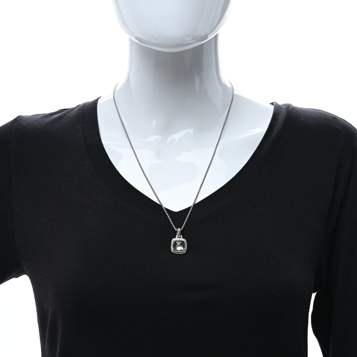 Sterling Silver Diamond Prasiolite 11mm Albion Pendant Necklace