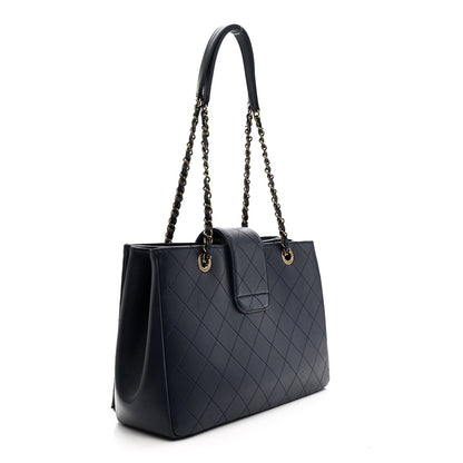 Chanel Lambskin Stitched Medium Around The Corner Shopping Tote Deep Marine 3 of 10
