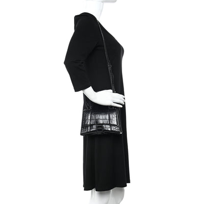 Balenciaga Shiny Calfskin Monochrome Crocodile Embossed Hourglass Top Handle Bag XS Black 2 of 25