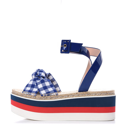 Gucci Patent Cotton Gingham Sefir Espadrille Platform Sandals 40 Blue White 1 of 9