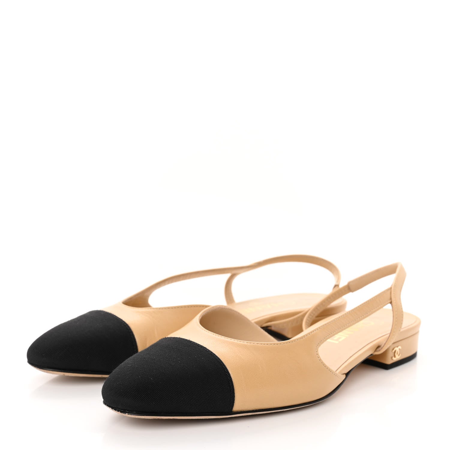 Chanel Goatskin Grosgrain Cap Toe CC Slingback Sandals 37 Beige Black 3 of 15