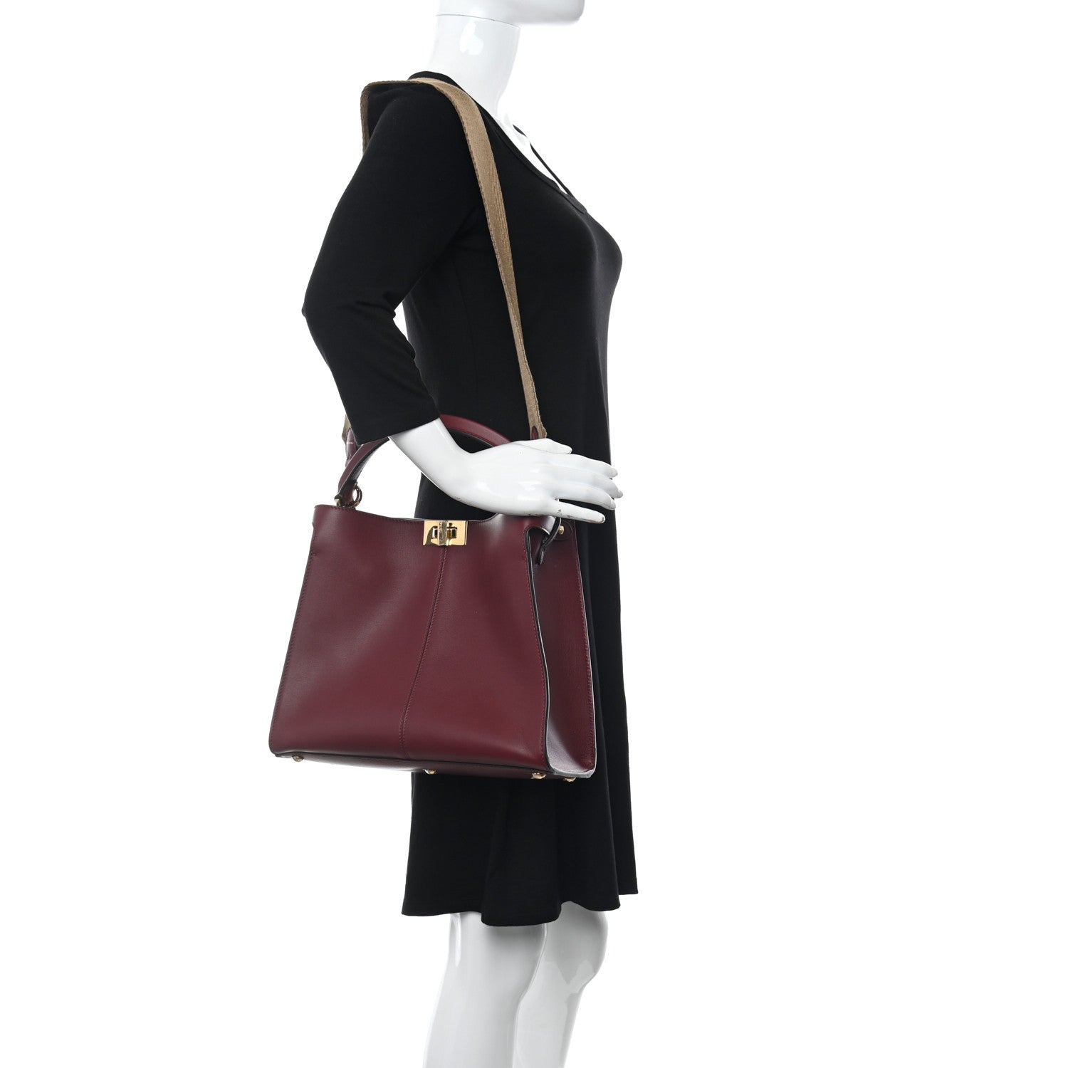 Fendi Vitello Seta Glazed Fabric FF 1974 Medium Peekaboo X-Lite Barolo Mogano Panna 2 of 8