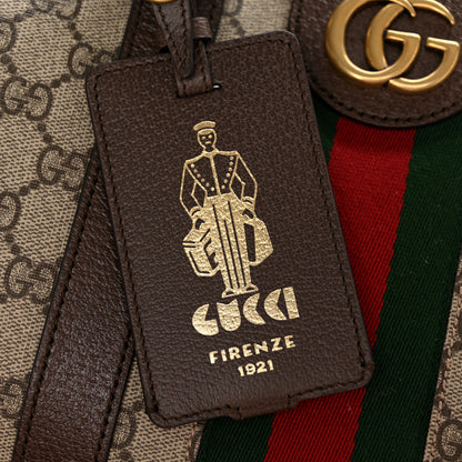Gucci GG Supreme Monogram Textured Dollar Calfskin Web Medium Savoy Duffle Bag Beige Ebony New Acero 10 of 13