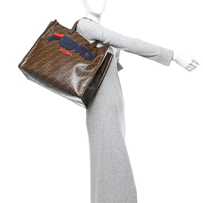 Fendi X FILA Glazed Fabric FF 1974 Mania Shopping Tote Bag Mogano Panna Blueberry 2 of 9
