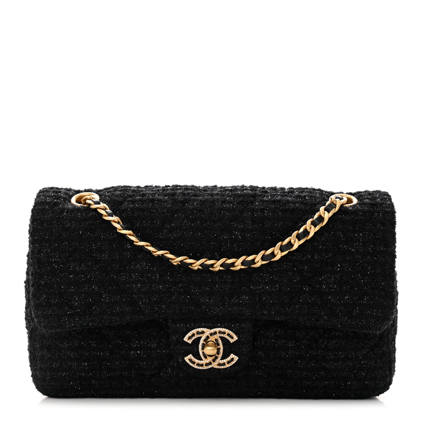 Tweed Quilted Medium Crystal CC Single Flap Black