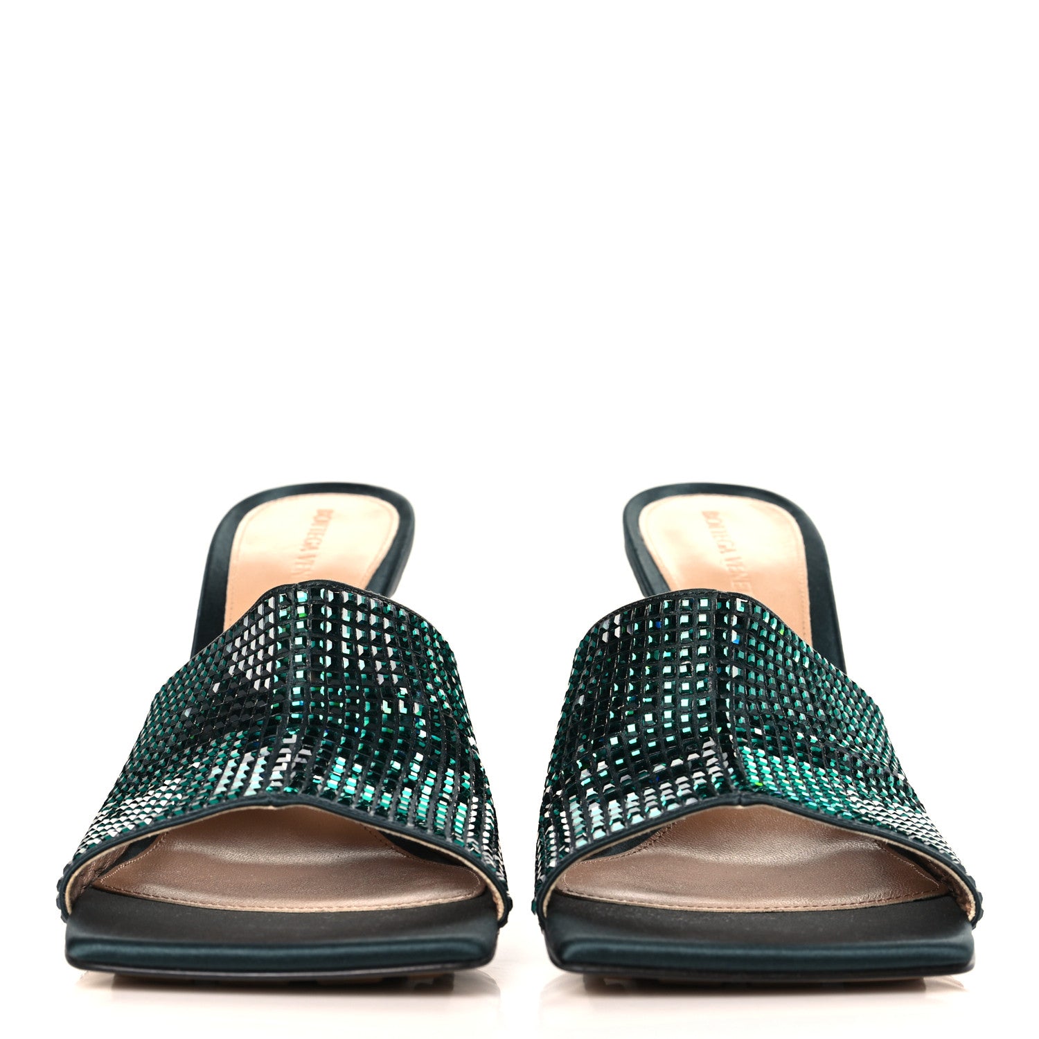Bottega Veneta Satin Crystal Embellished Stretch Mule Sandals 41 Green 2 of 8