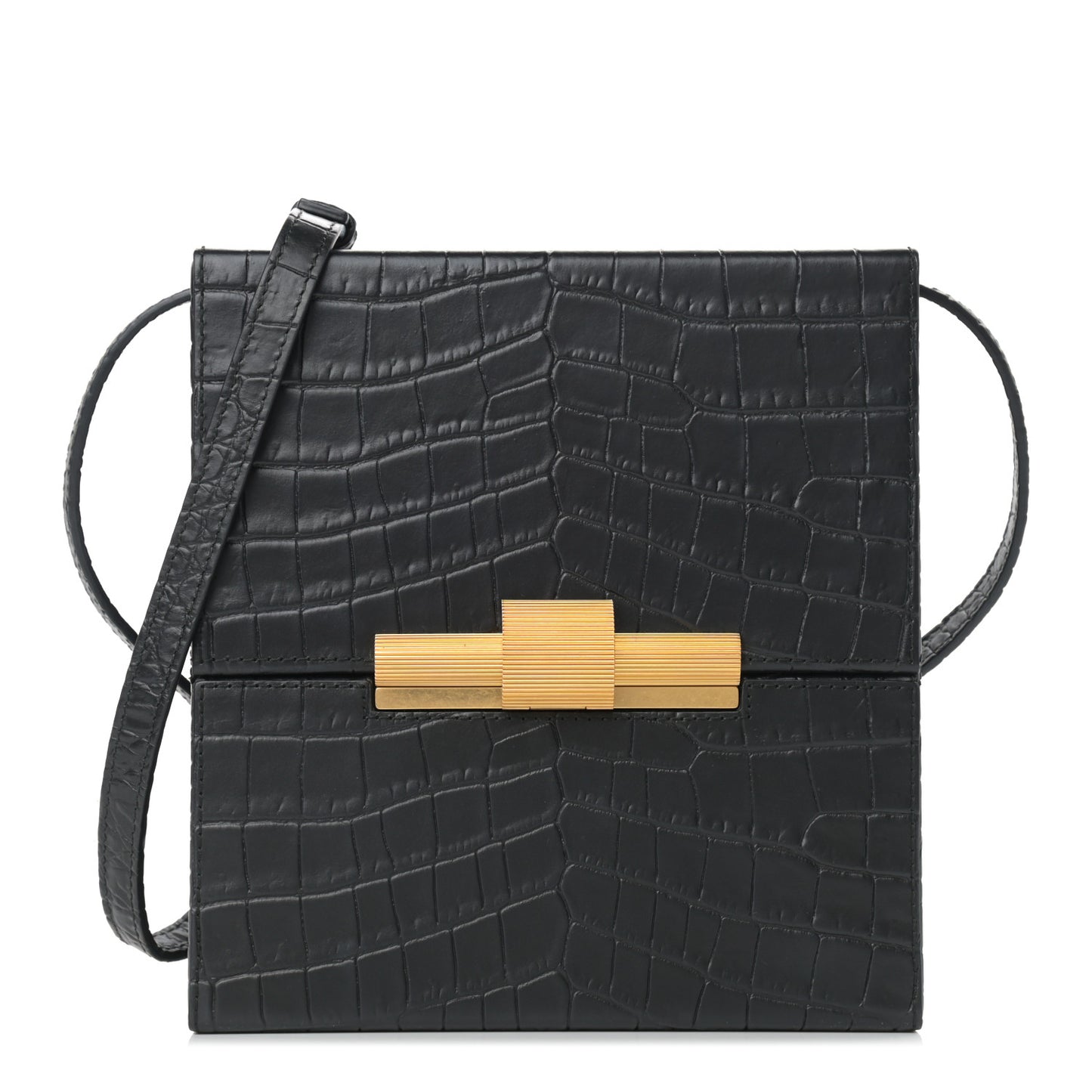 Calfskin Crocodile Embossed Daisey Box Clutch Black