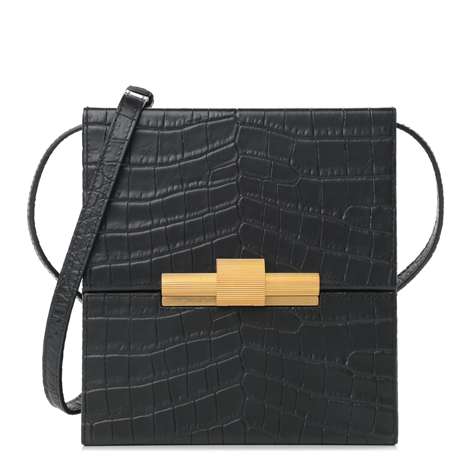 Bottega Veneta Calfskin Crocodile Embossed Daisey Box Clutch Black 1 of 9
