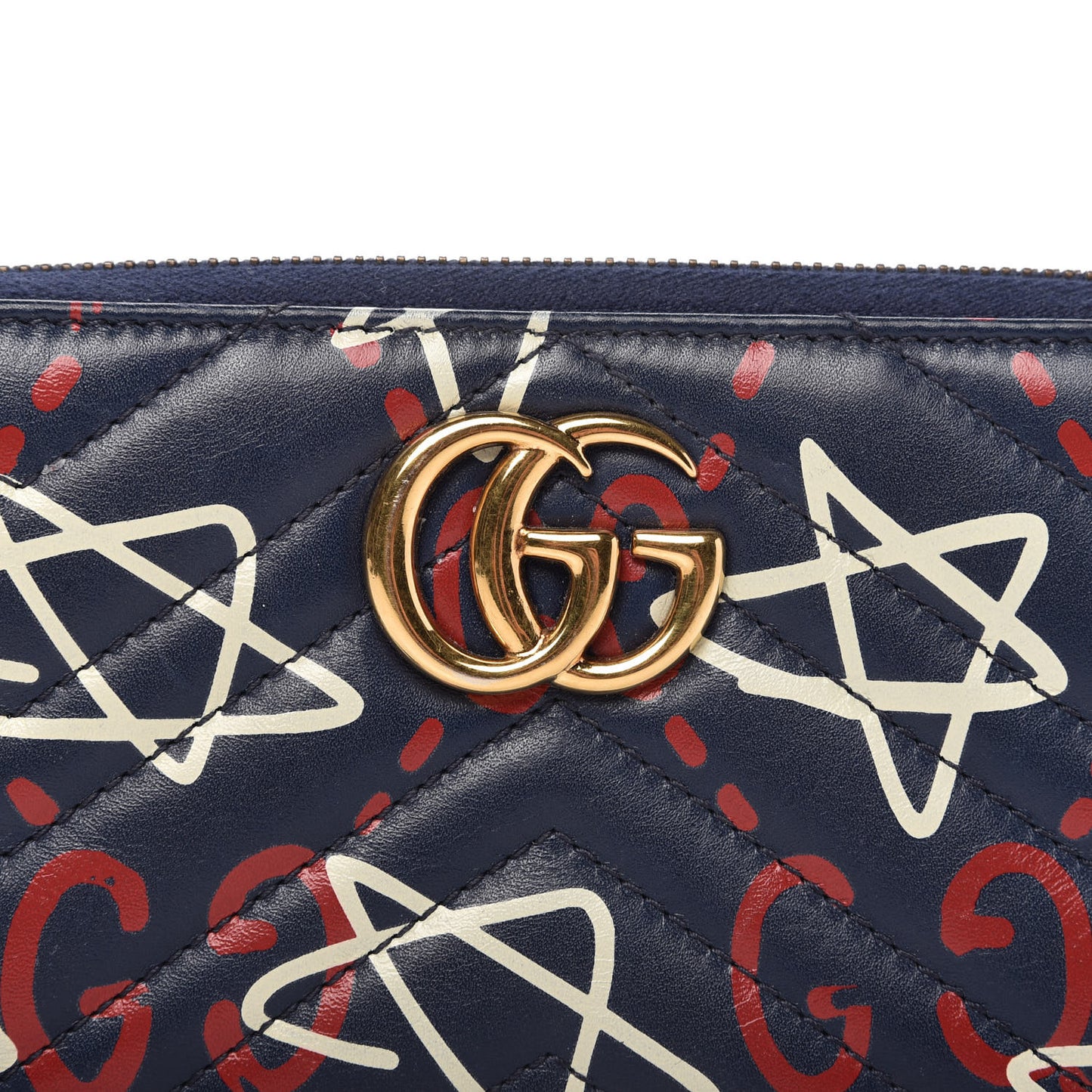 Calfskin Matelasse GucciGhost GG Marmont Zip Around Wallet Blue Agata Hibiscus Red