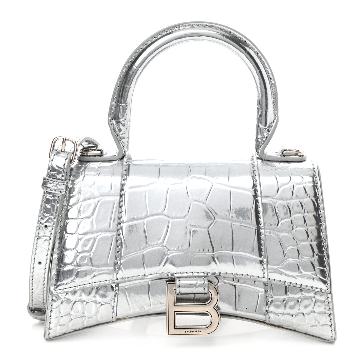 Metallic Calfskin Crocodile Embossed Hourglass Top Handle Bag XS Silver