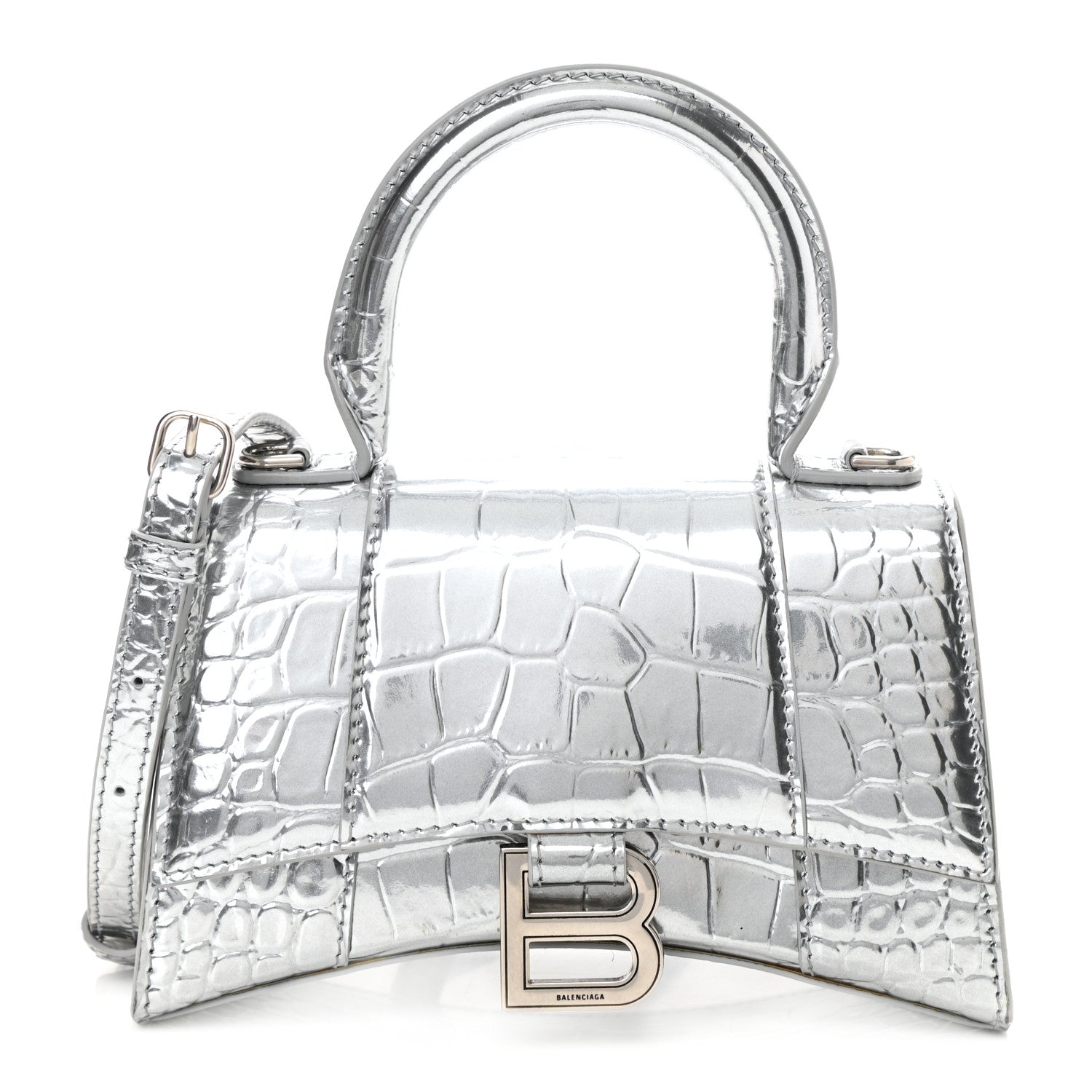 Balenciaga Metallic Calfskin Crocodile Embossed Hourglass Top Handle Bag XS Silver 1 of 8