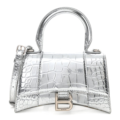 Balenciaga Metallic Calfskin Crocodile Embossed Hourglass Top Handle Bag XS Silver 1 of 8