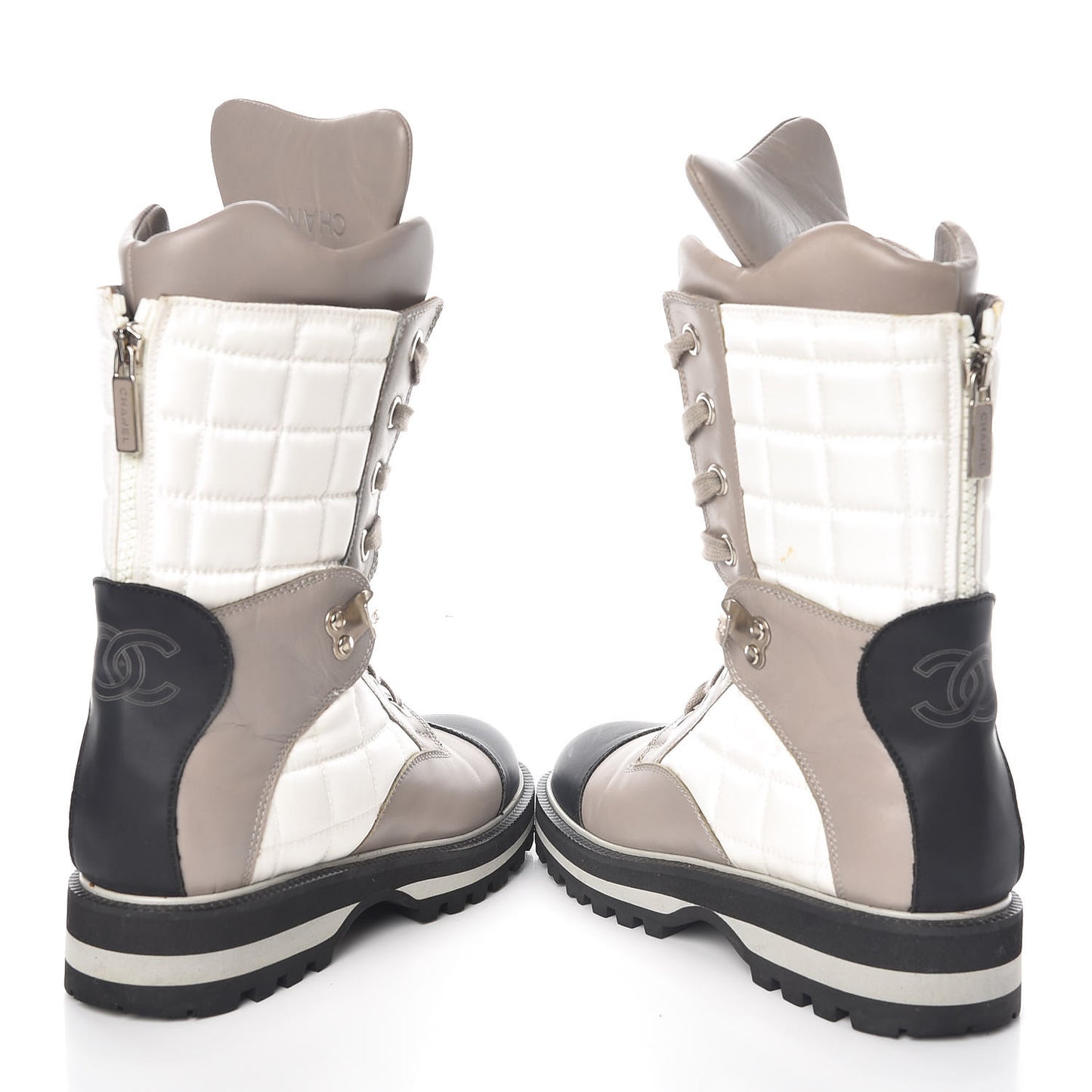 Calfskin Nylon Quilted Boots 36 White Grey Black