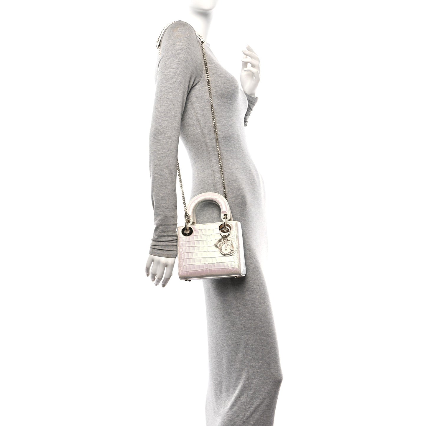 Metallic Alligator Mini Lady Dior White