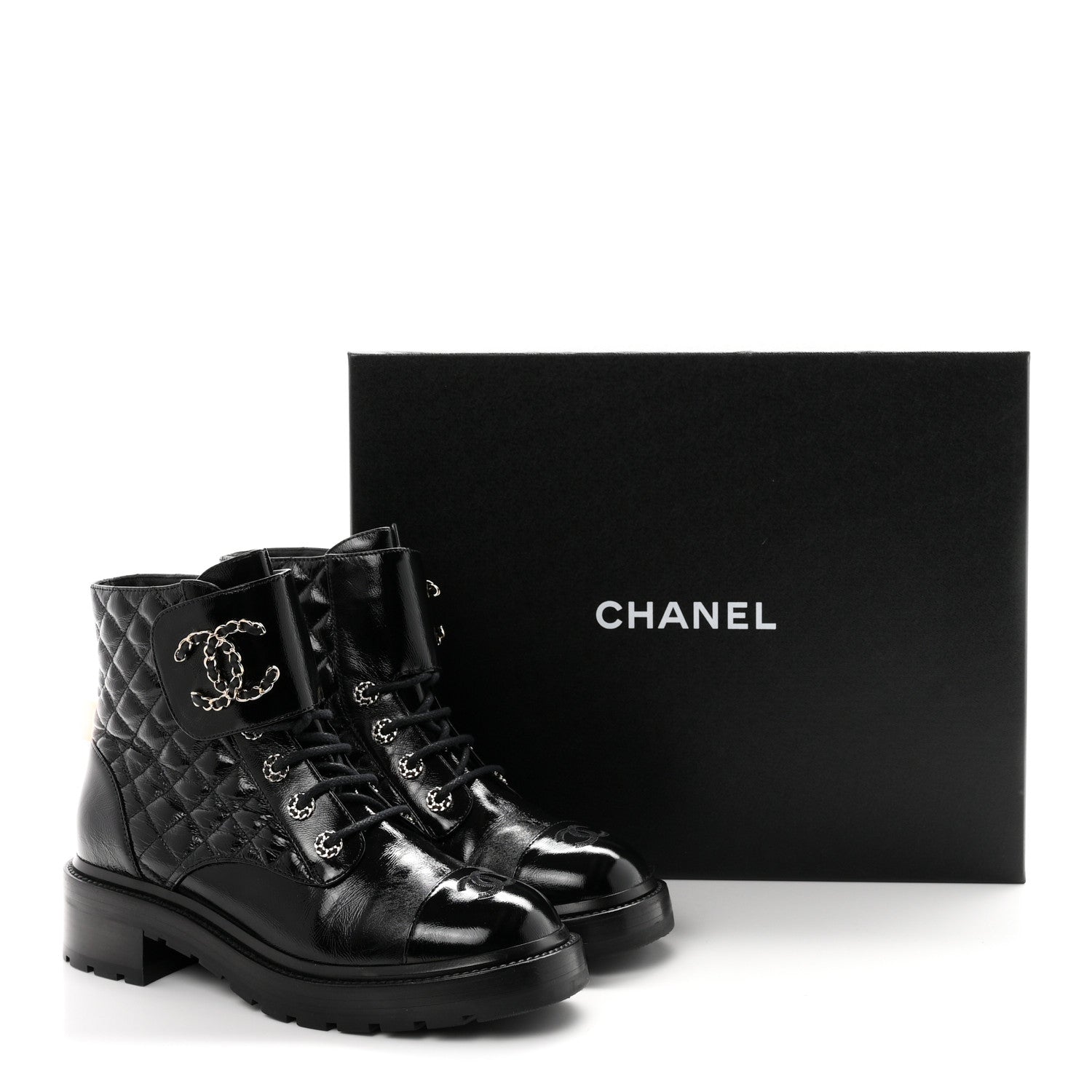 Chanel Shiny Calfskin Quilted Lace Up Combat Boots 40.5 Black 11 of 11