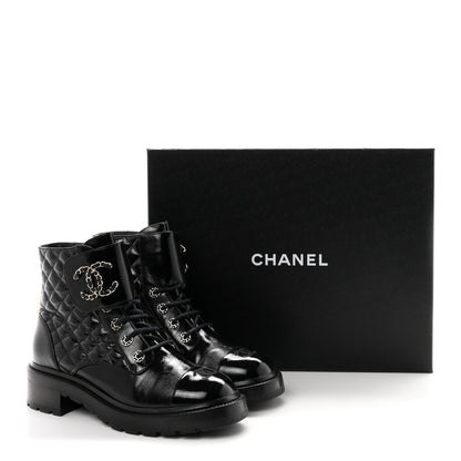 Chanel Shiny Calfskin Quilted Lace Up Combat Boots 40.5 Black 11 of 11