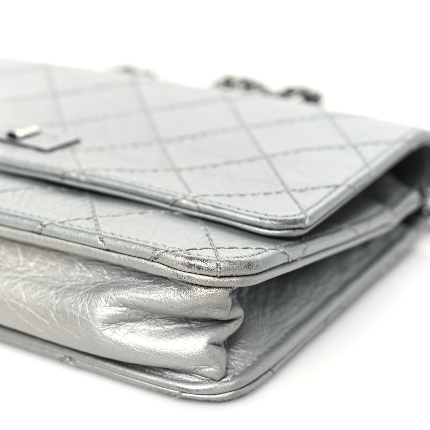 Metallic Aged Calfskin Quilted Reissue Wallet On Chain WOC Silver